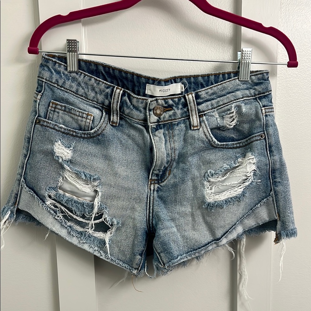 Blue Distressed Jean Shorts with Raw Hem